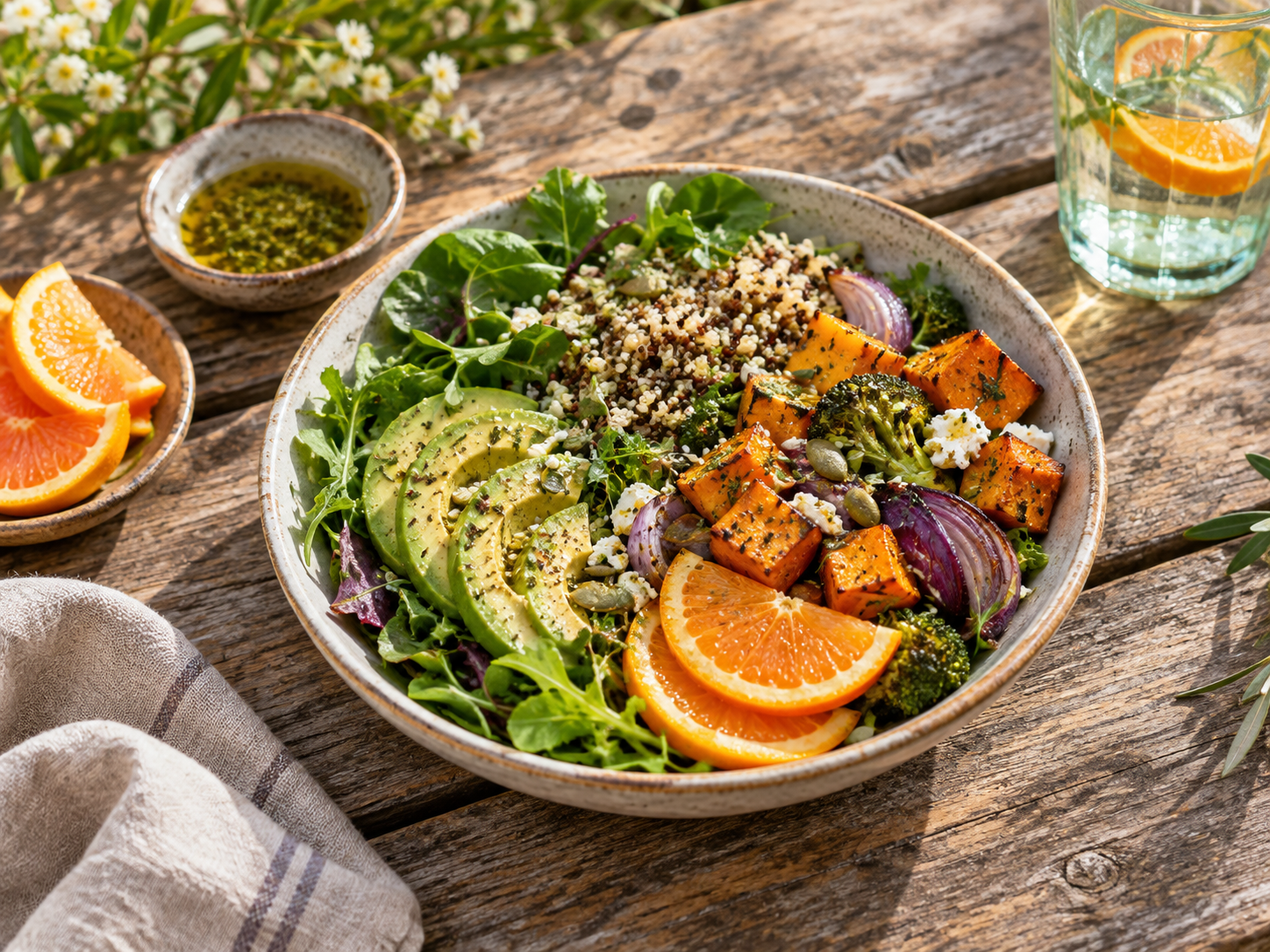Colorful bowl with greens, grains, roasted vegetables, avocado, and citrus