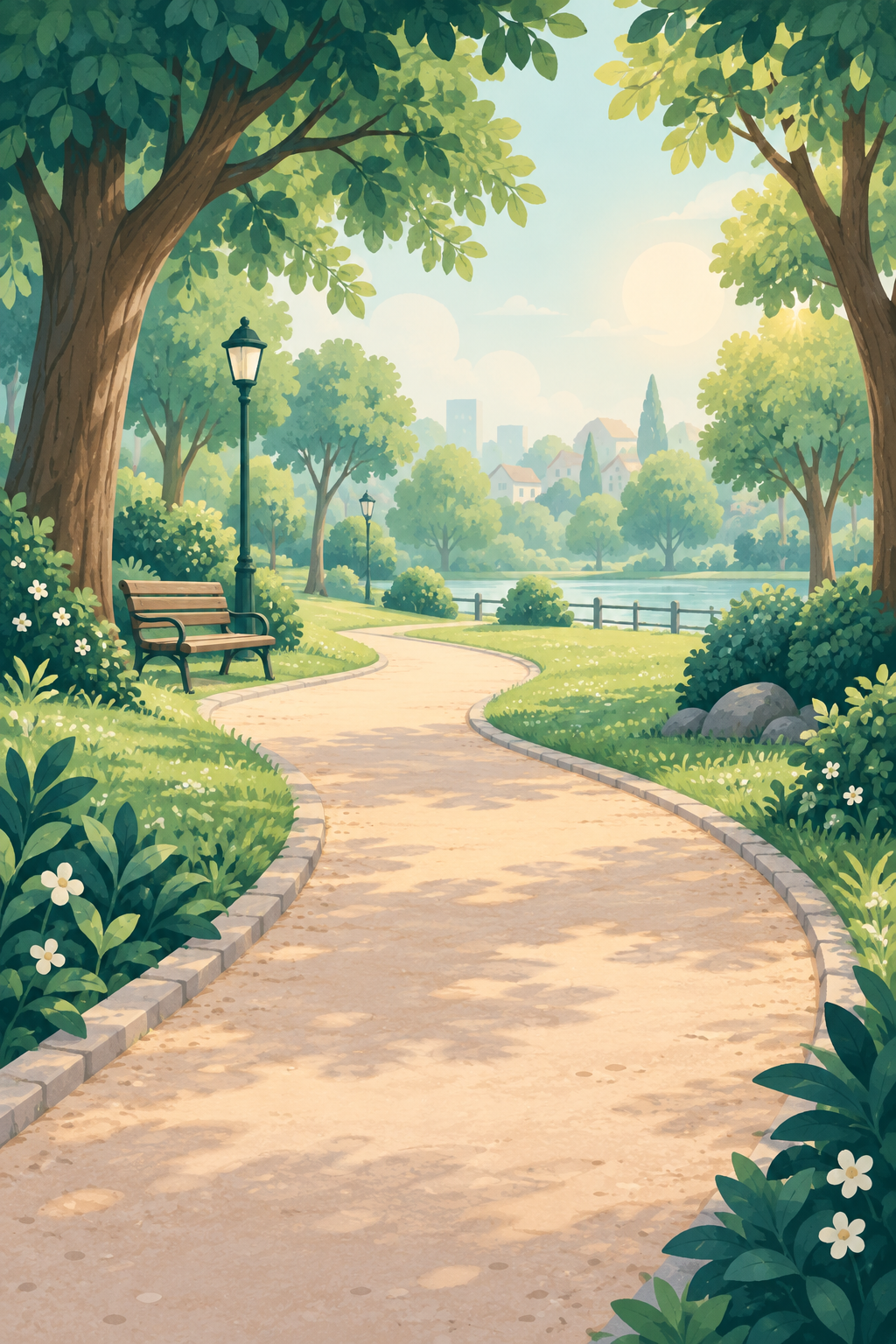 Sunlit path winding through a green park